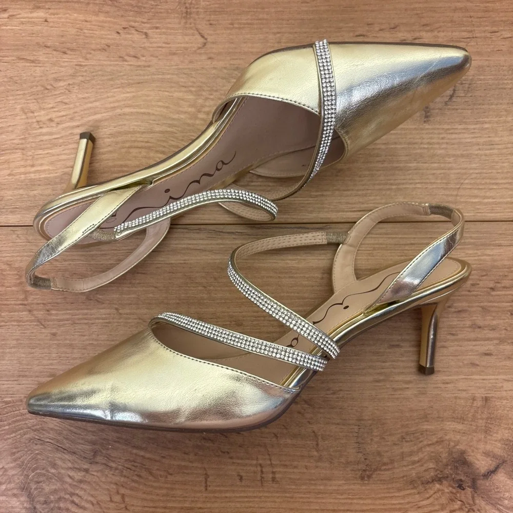 NINA Nela Slingback Pointed Toe Pumps In Platino Gold Women Size 10 Formal Party